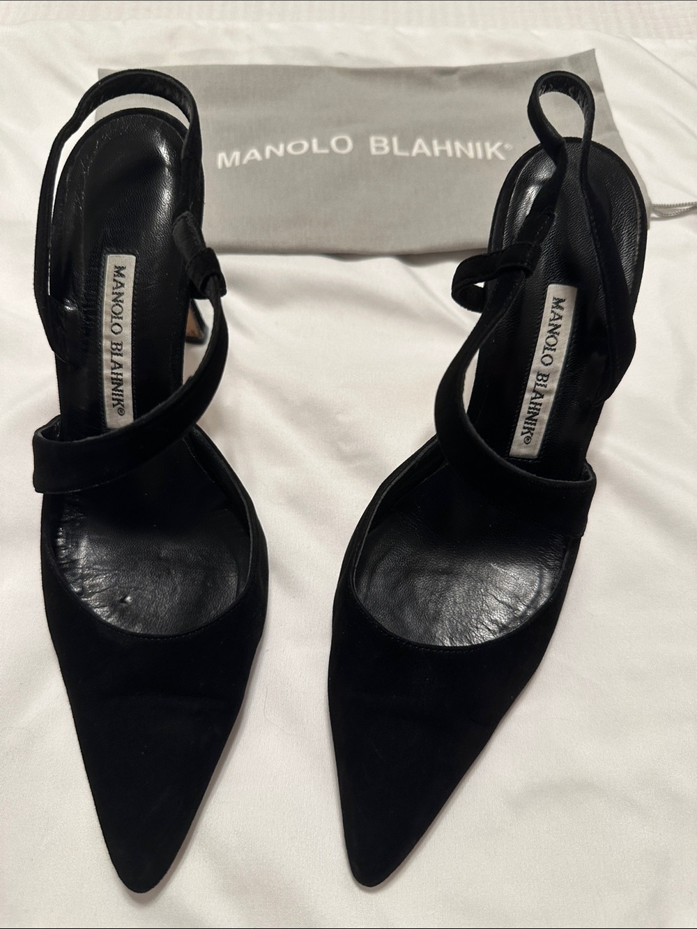 Manolo Blahnik Black Suede Pointed Slingback Pumps